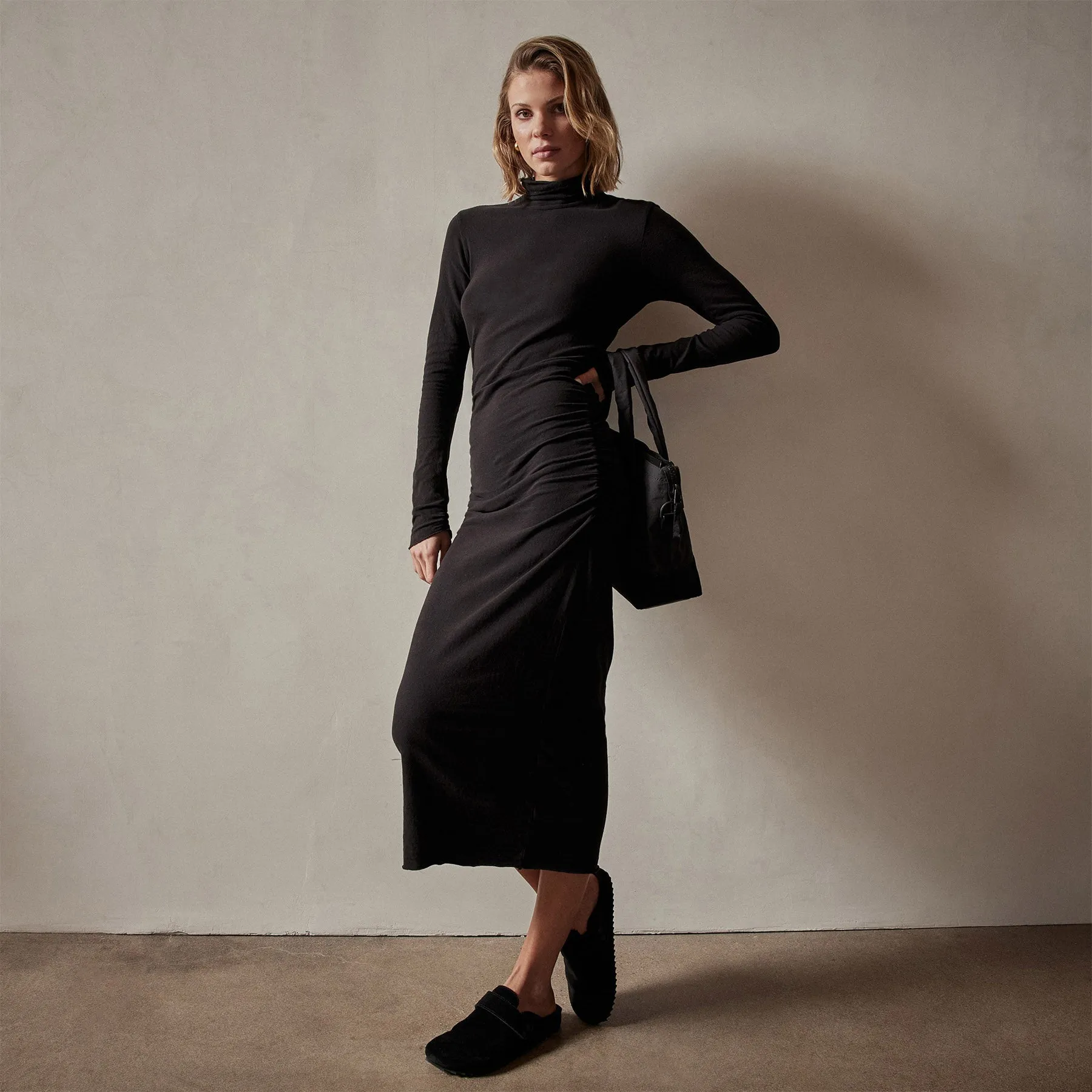 Recycled Brushed Jersey Ruched Turtleneck Dress - Black