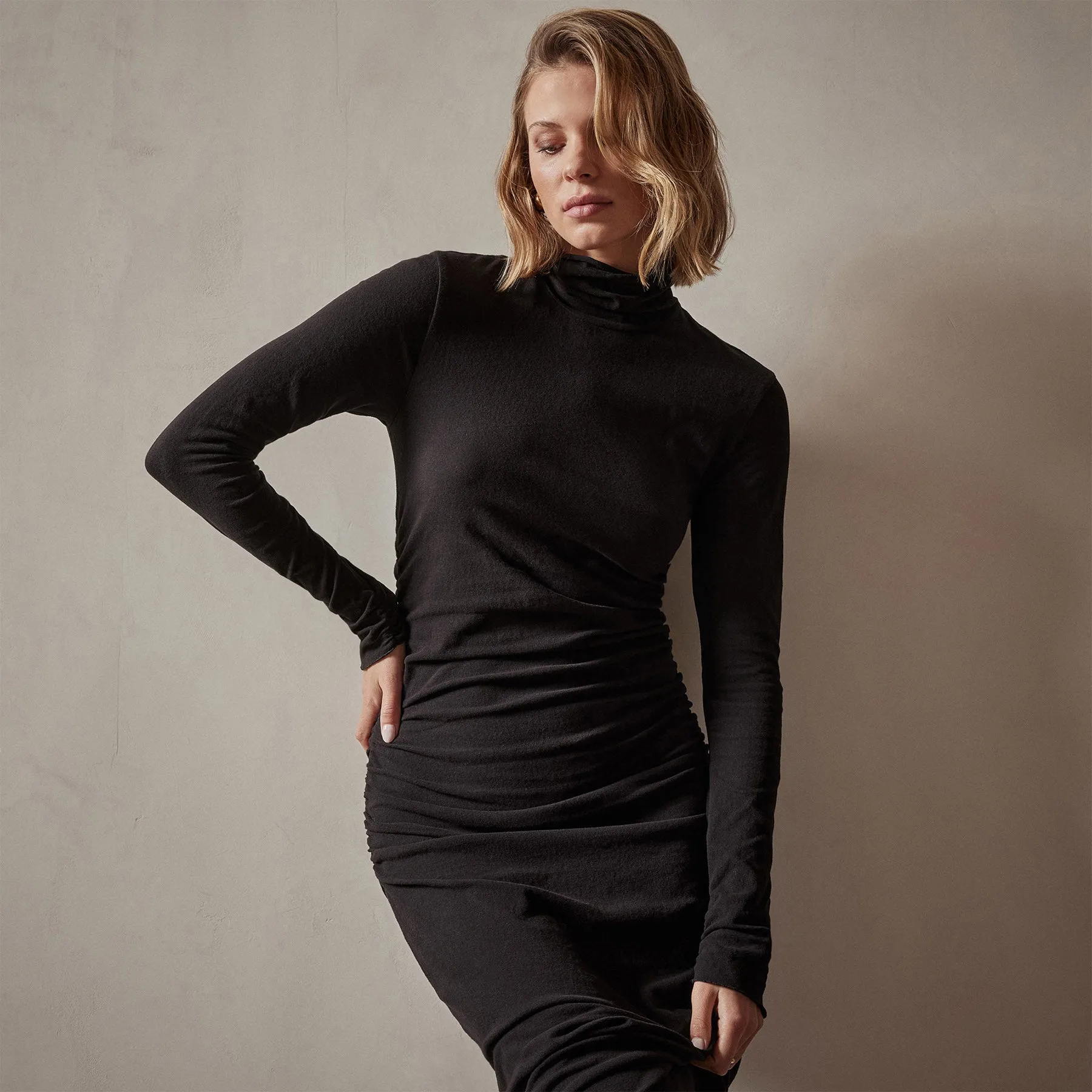 Recycled Brushed Jersey Ruched Turtleneck Dress - Black