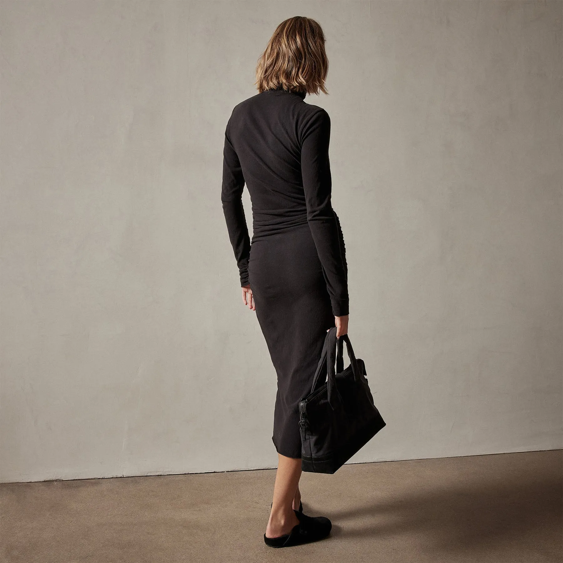 Recycled Brushed Jersey Ruched Turtleneck Dress - Black