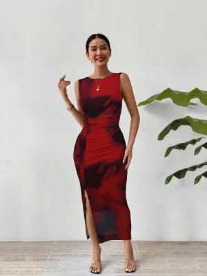 Red Fitted Midi Dress With Side Ruching Detail