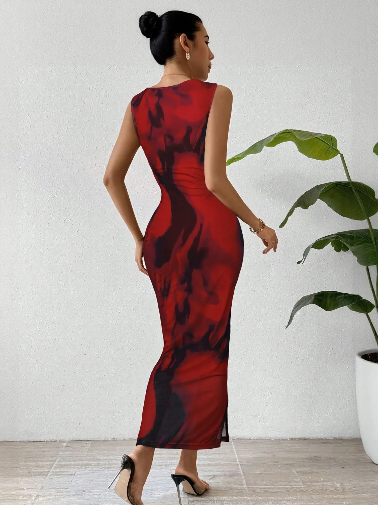 Red Fitted Midi Dress With Side Ruching Detail