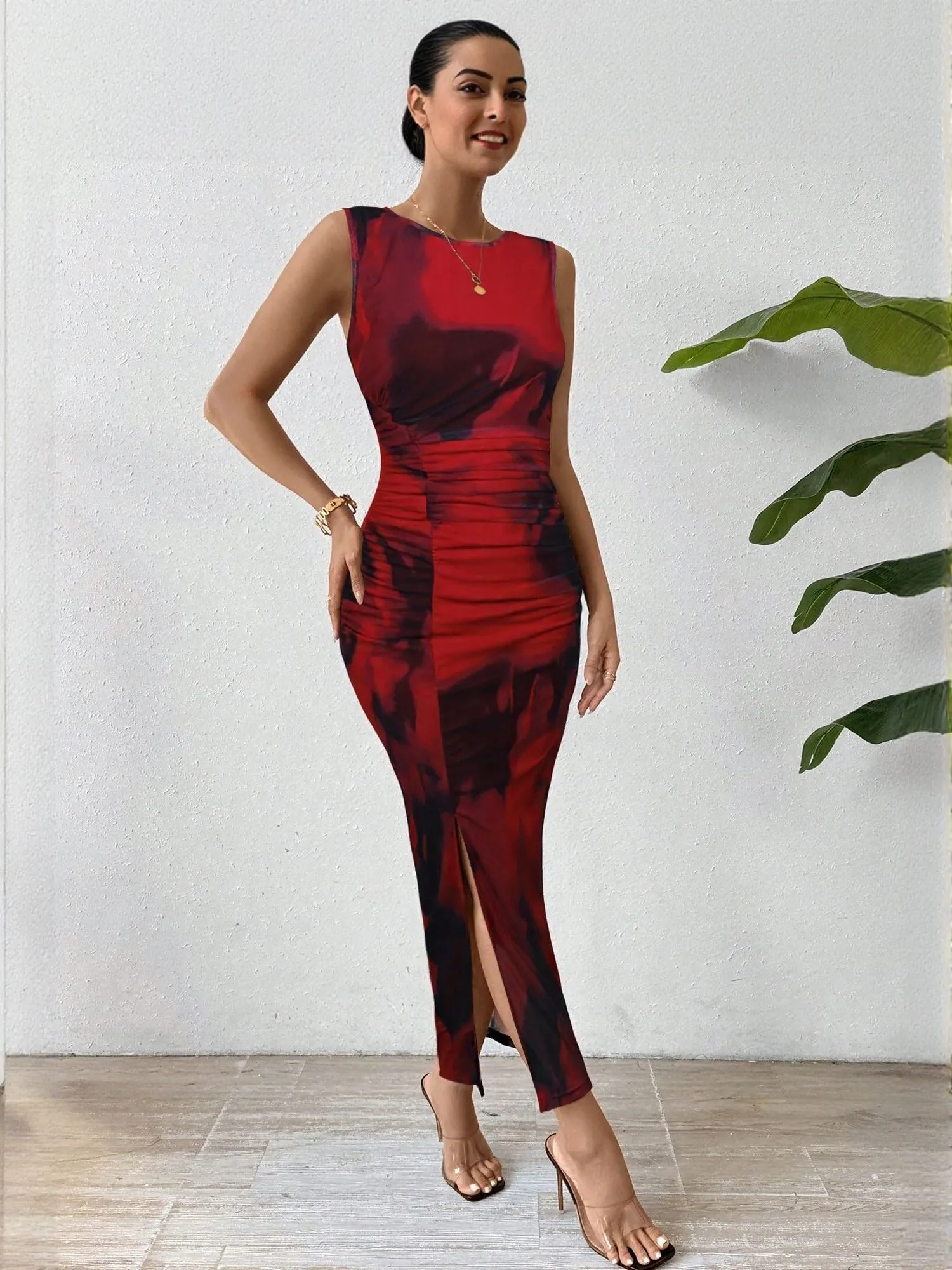 Red Fitted Midi Dress With Side Ruching Detail