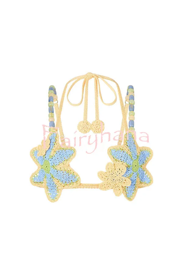 Reina knit crochet handmade flower Beaded strap stretch bralette