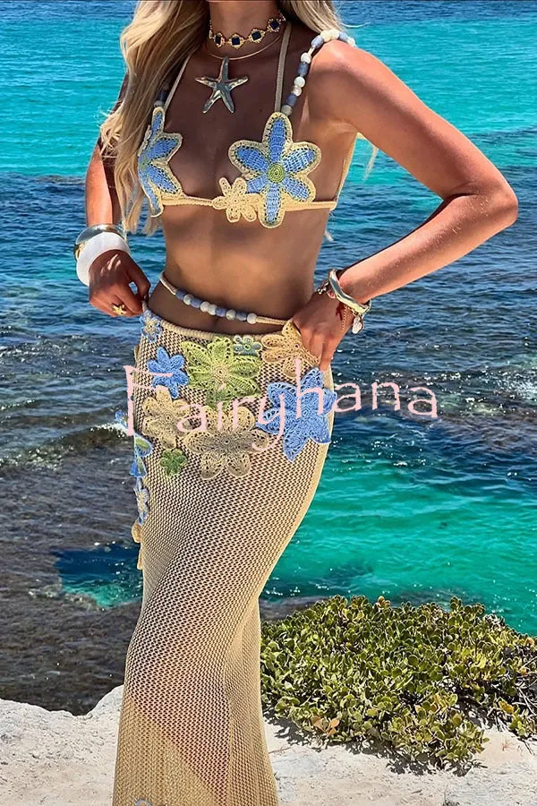 Reina knit crochet handmade flower Beaded strap stretch bralette