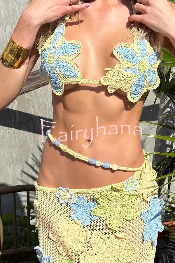 Reina knit crochet handmade flower Beaded strap stretch bralette