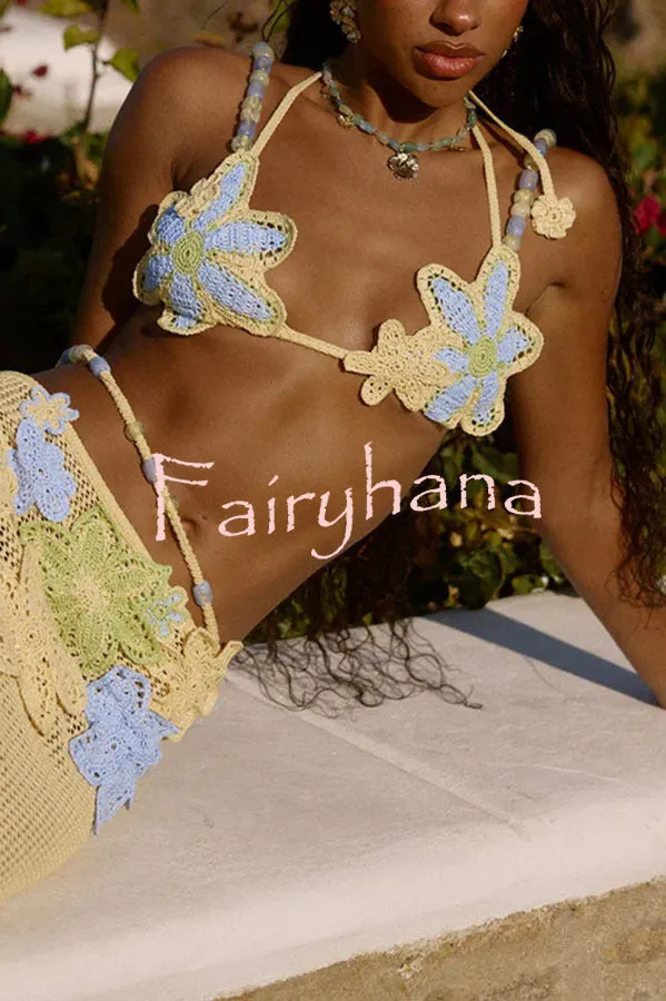 Reina knit crochet handmade flower Beaded strap stretch bralette