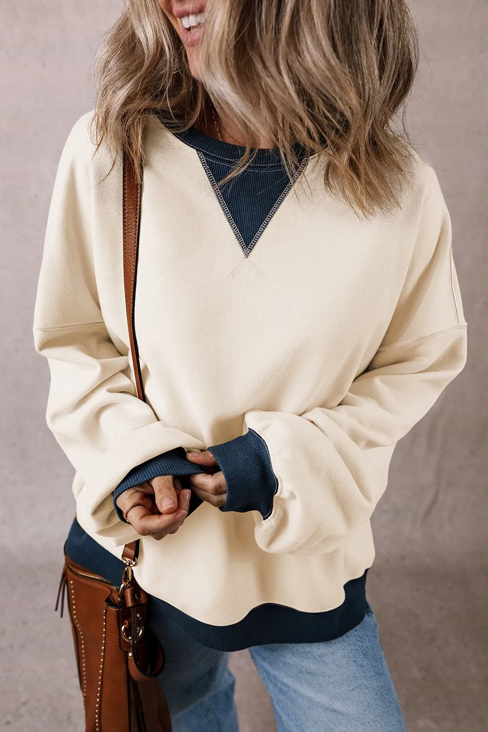 Rhonda Contrast Round Neck Long Sleeve Sweatshirt