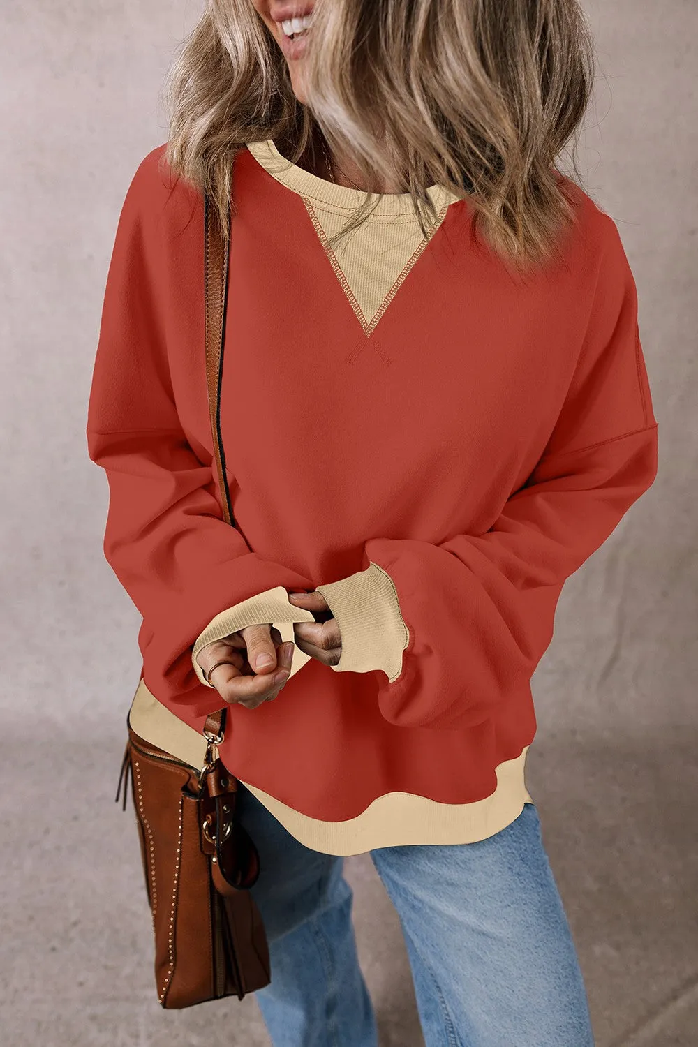 Rhonda Contrast Round Neck Long Sleeve Sweatshirt