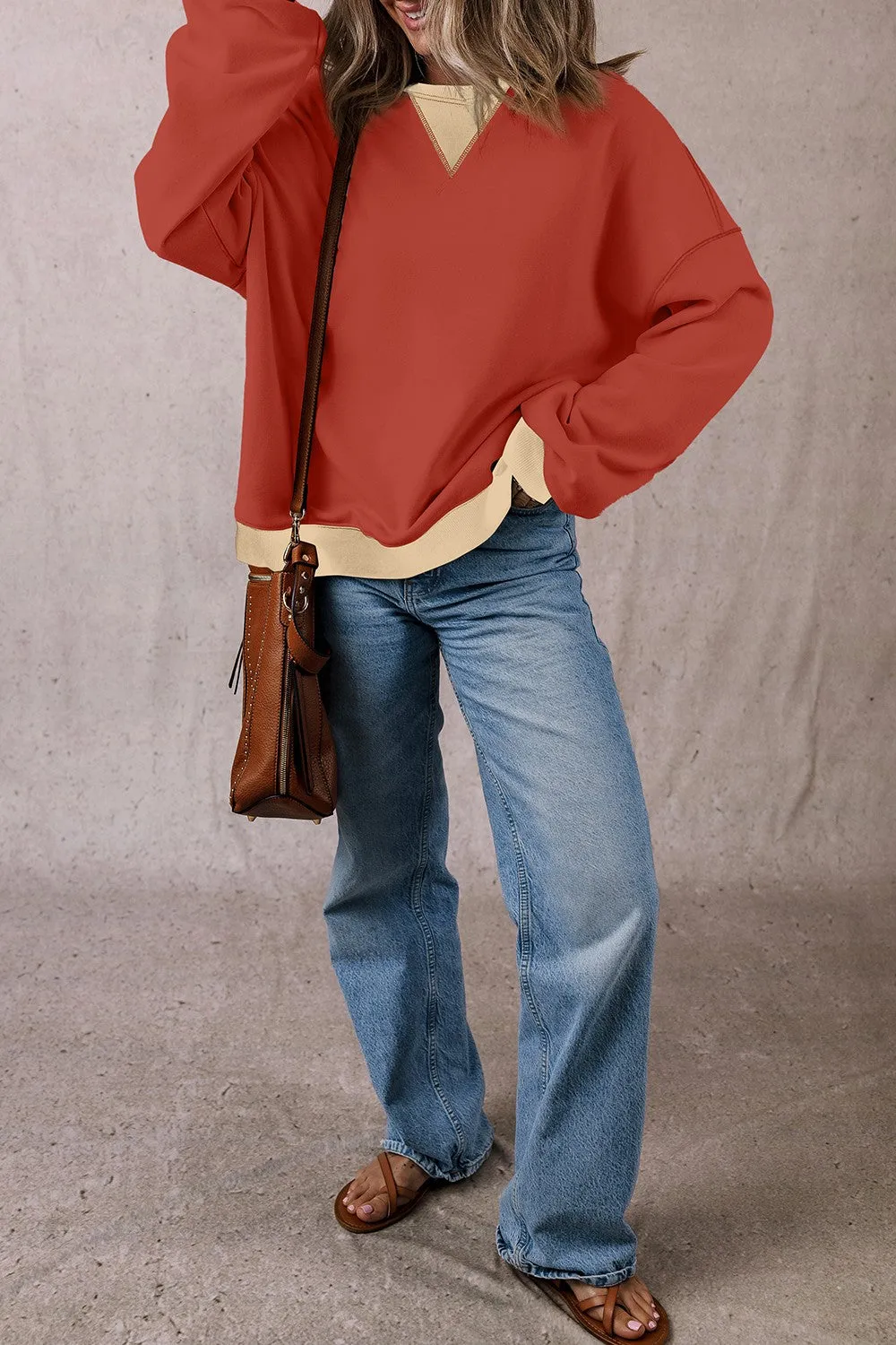 Rhonda Contrast Round Neck Long Sleeve Sweatshirt