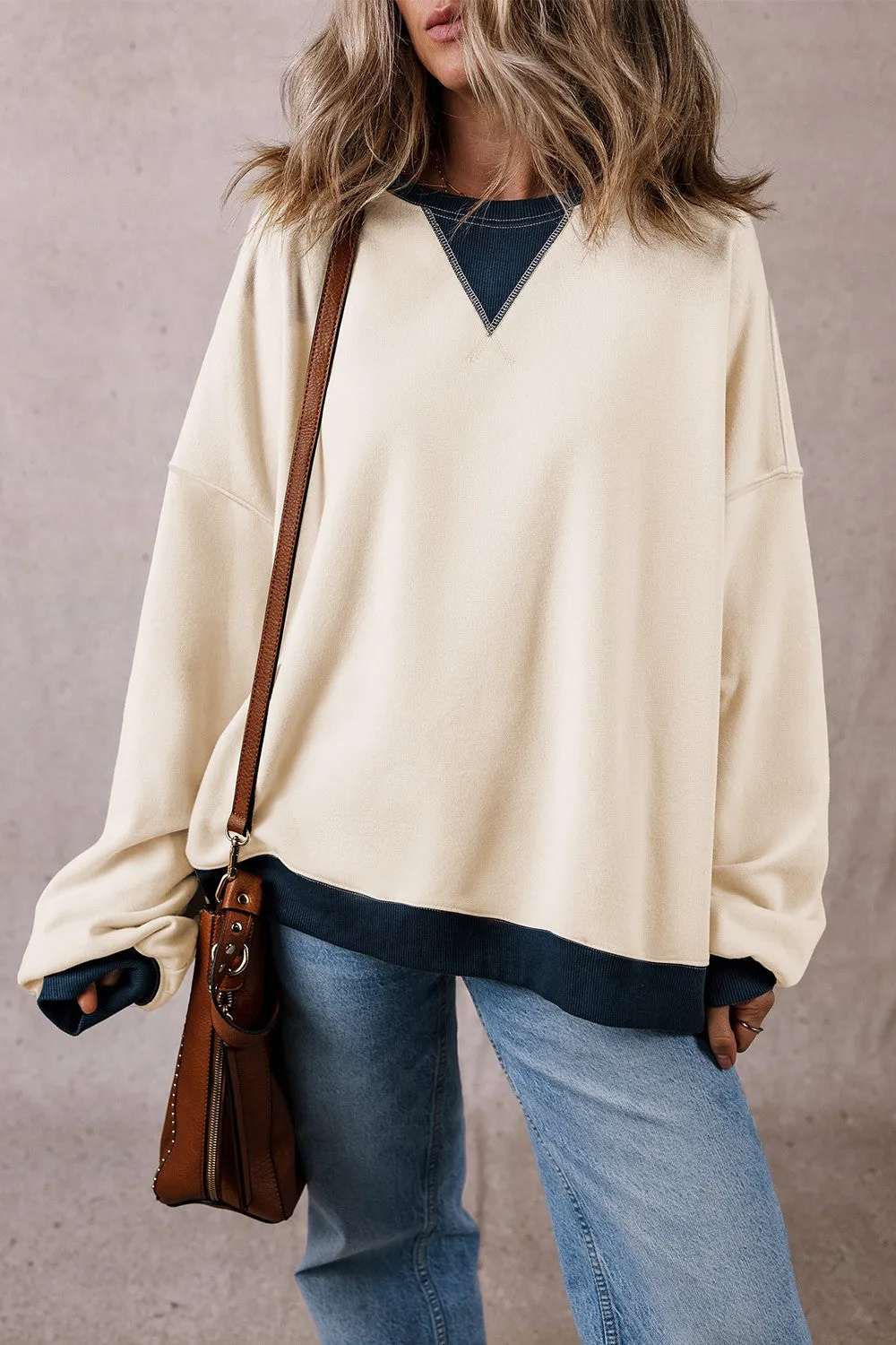 Rhonda Contrast Round Neck Long Sleeve Sweatshirt