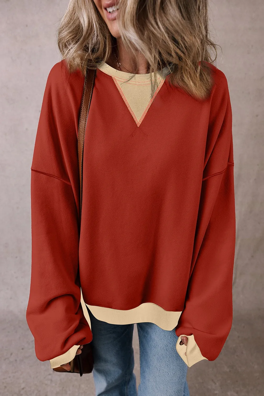 Rhonda Contrast Round Neck Long Sleeve Sweatshirt
