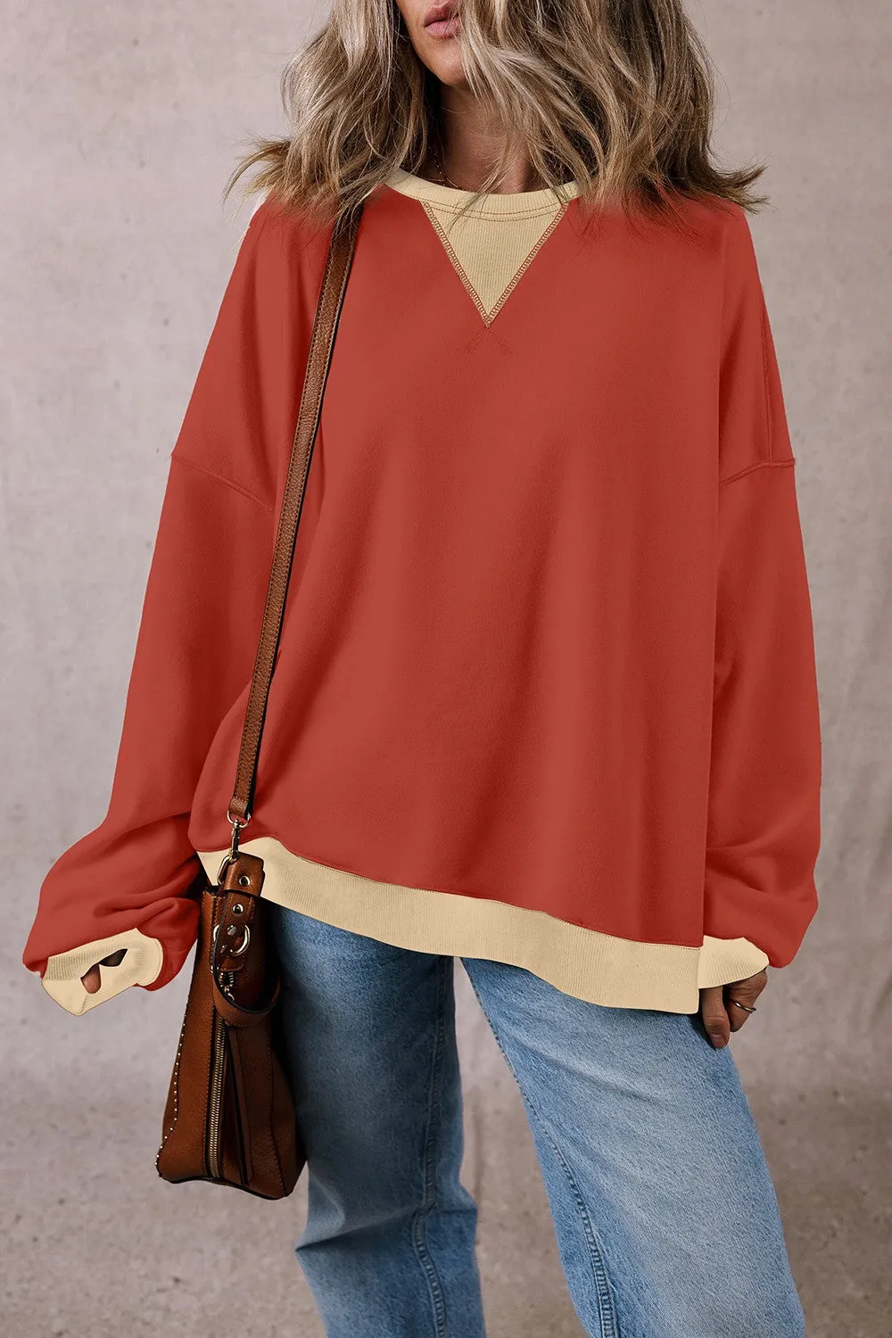 Rhonda Contrast Round Neck Long Sleeve Sweatshirt