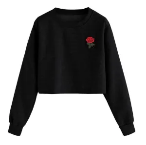 Rose Basic Pullover Crop Sweatshirt For Women Round Neck Long Sleeve