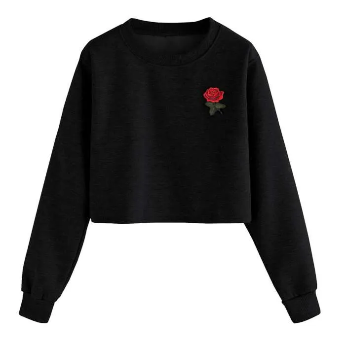 Rose Basic Pullover Crop Sweatshirt For Women Round Neck Long Sleeve