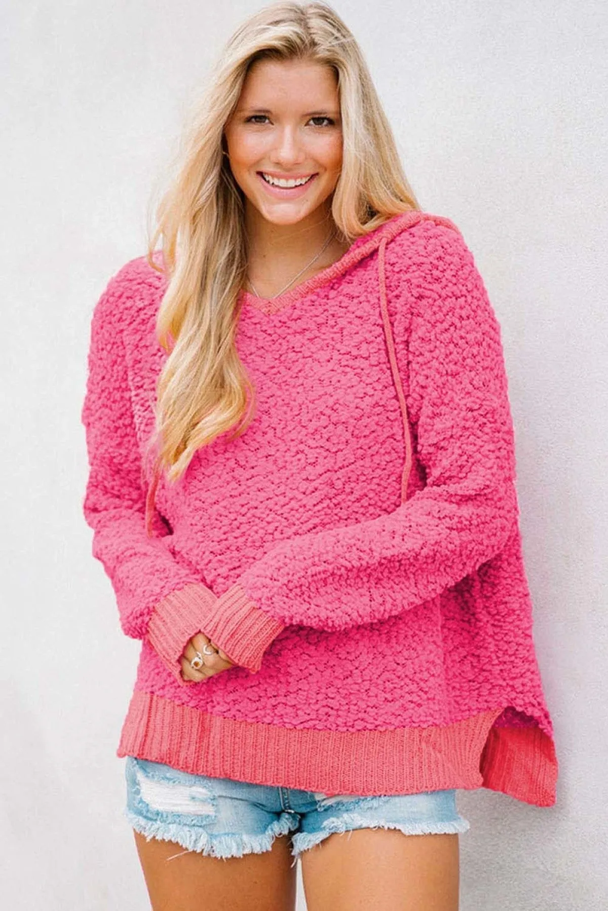 Rose Loose Popcorn Textured Hooded Sweater
