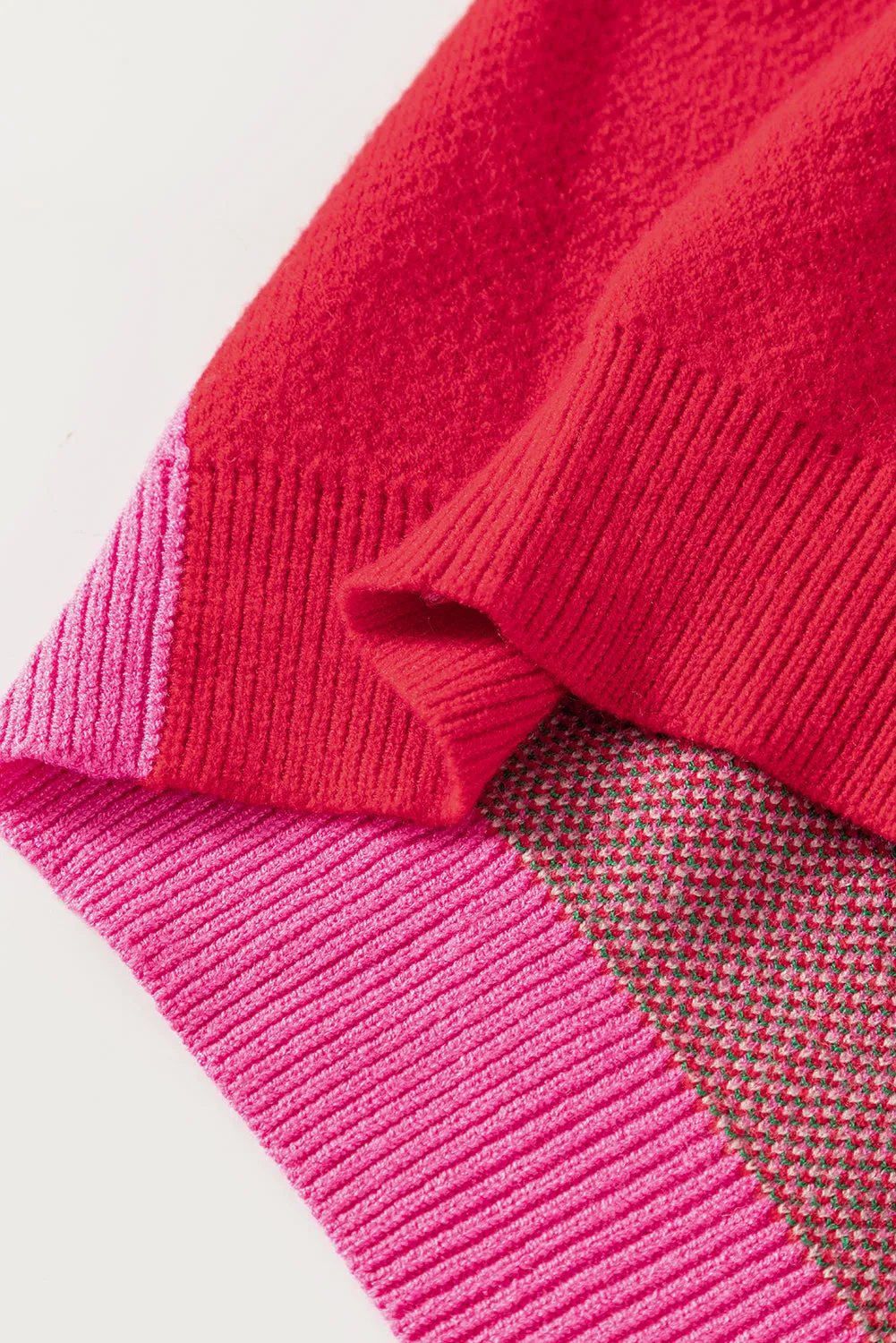 Rose Red Floral Mixed Color Block Sweater