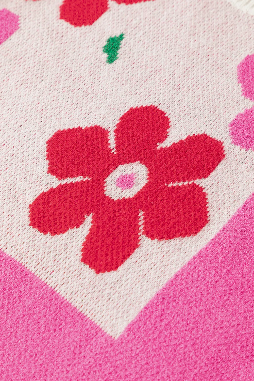 Rose Red Floral Mixed Color Block Sweater