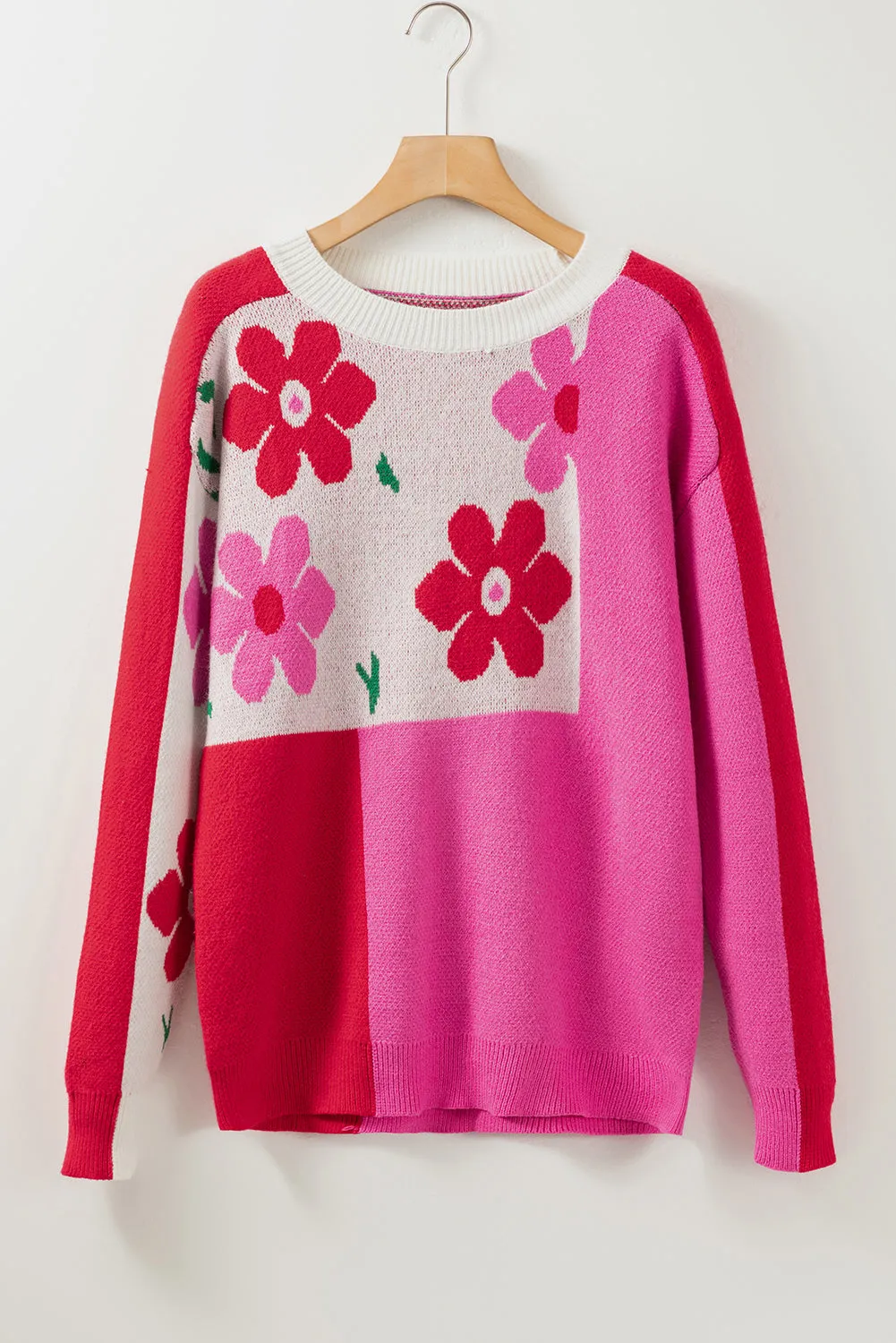 Rose Red Floral Mixed Color Block Sweater
