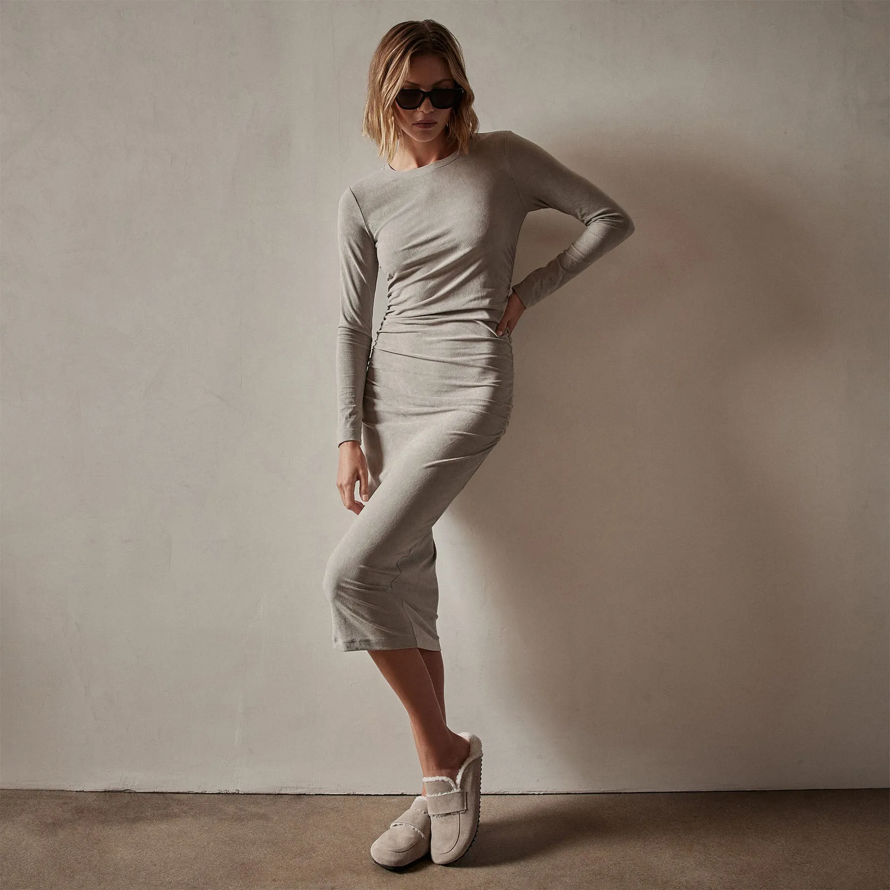 Ruched Velvet Long Sleeve Dress - Dapple