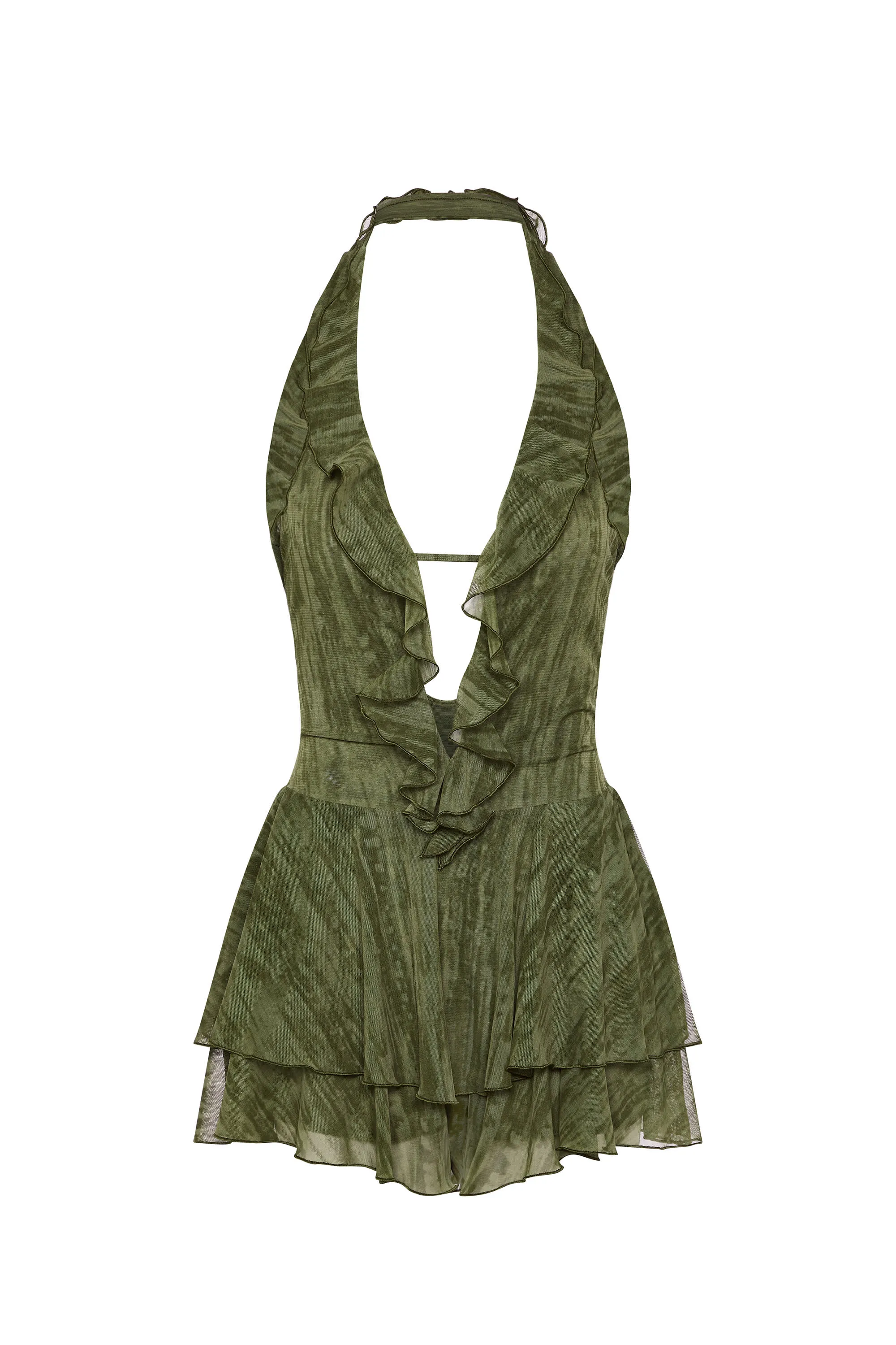 Ruffled Plunge Halterneck Playsuit in Green Print
