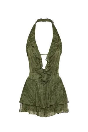 Ruffled Plunge Halterneck Playsuit in Green Print