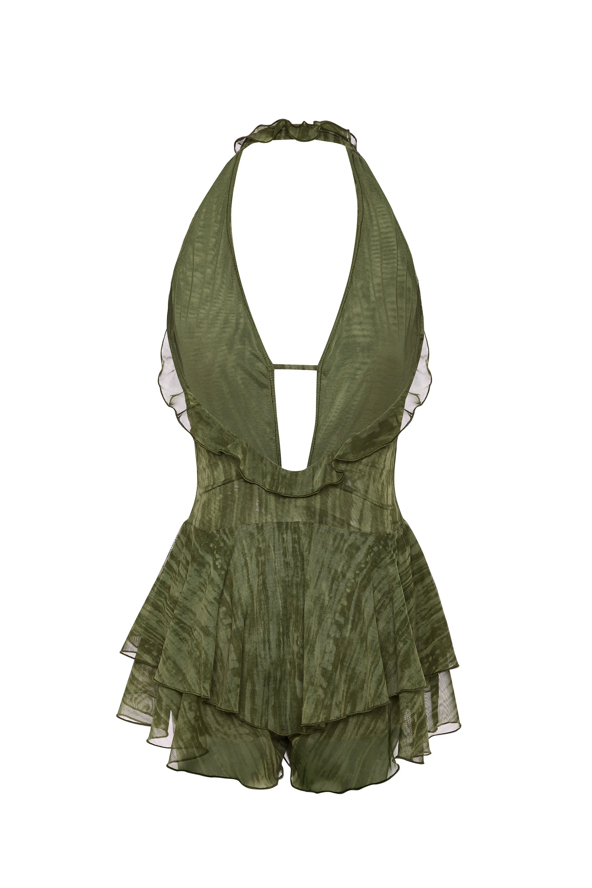 Ruffled Plunge Halterneck Playsuit in Green Print