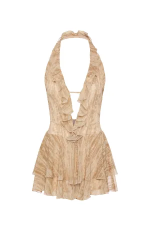 Ruffled Plunge Halterneck Playsuit in Tan Print