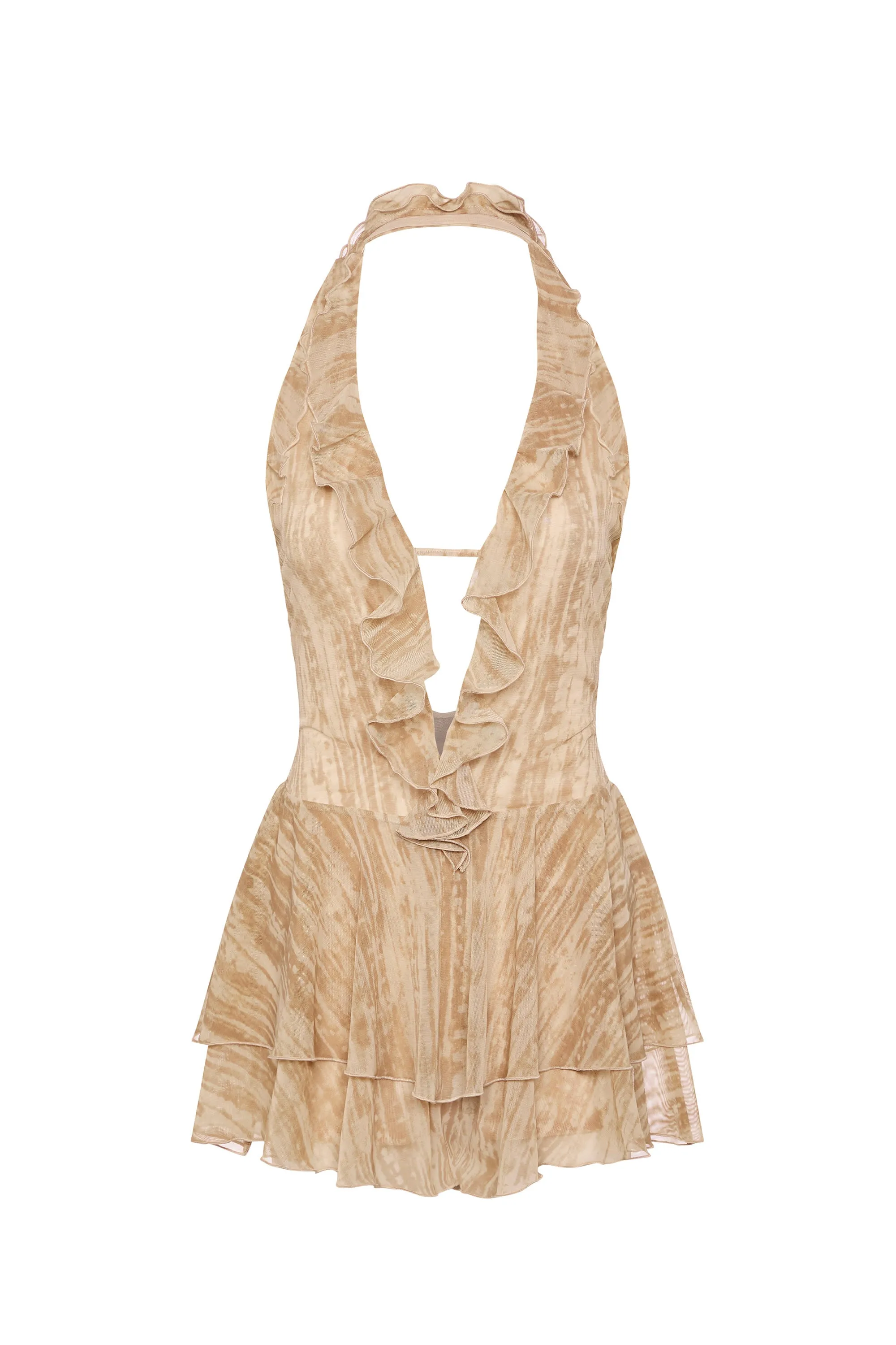 Ruffled Plunge Halterneck Playsuit in Tan Print