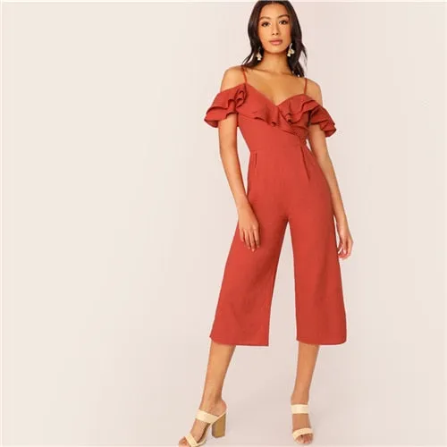 SHEIN Cold Shoulder Layered Flounce Foldover Palazzo Jumpsuit Party Ruffle Spaghetti Strap Sleeveless Women Summer Jumpsuits