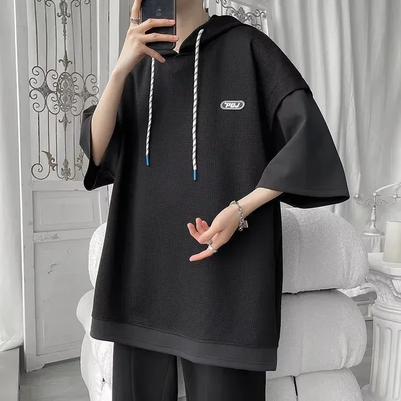 Short Sleeve Two Style Hooded Waffle Shirt