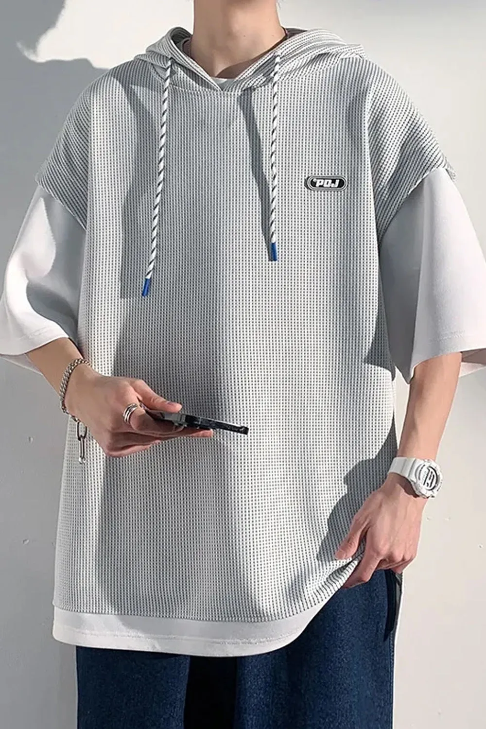 Short Sleeve Two Style Hooded Waffle Shirt