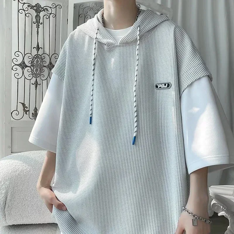 Short Sleeve Two Style Hooded Waffle Shirt
