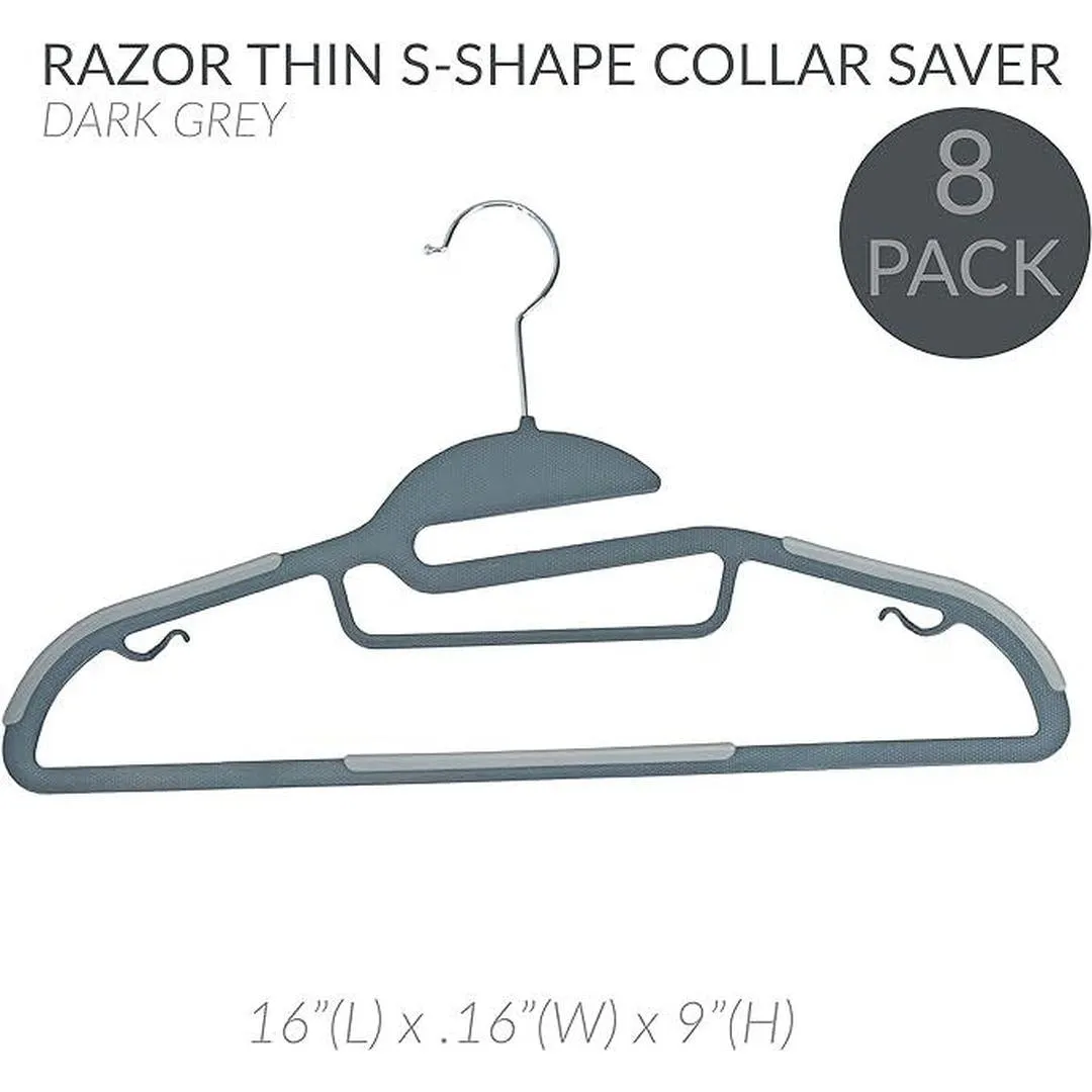 Simplify 8 Pack S-Shape Non Slip Plastic Hanger with Tie Bar in Dark Grey