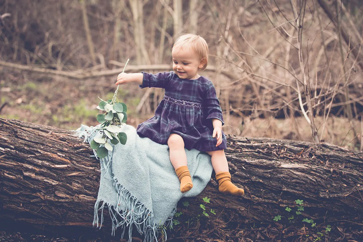Smocked Heirloom Dress with Belt, Navy Plaid