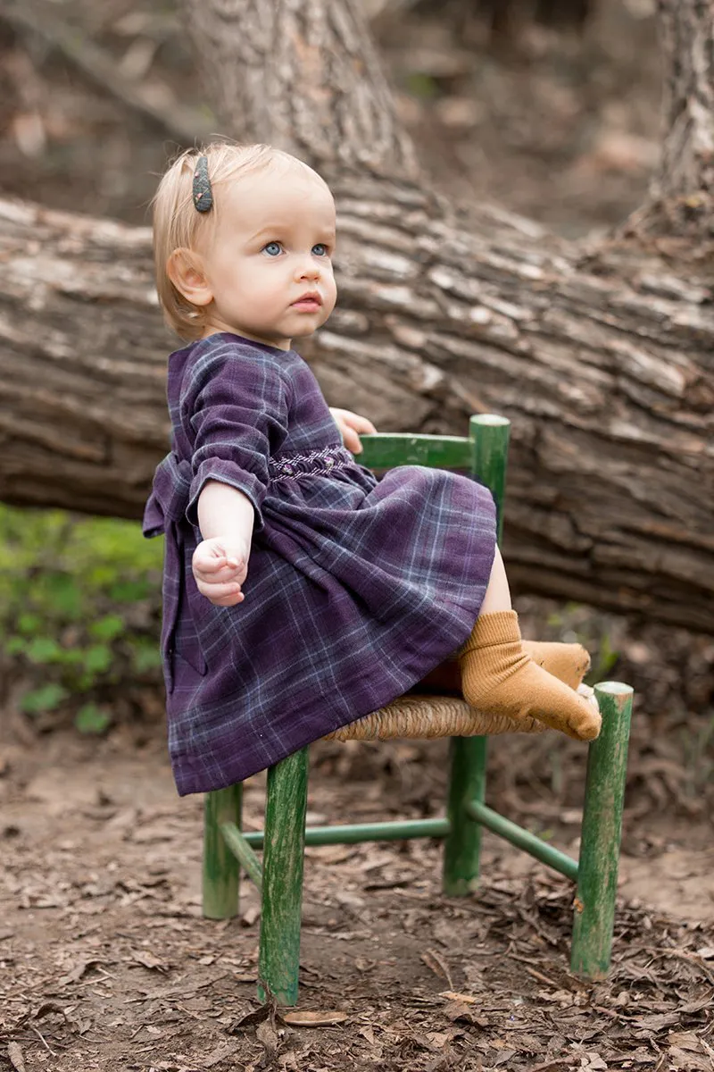 Smocked Heirloom Dress with Belt, Navy Plaid