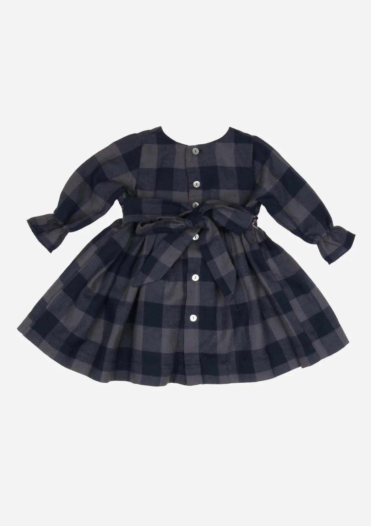 Smocked Heirloom Dress with Belt, Navy Plaid