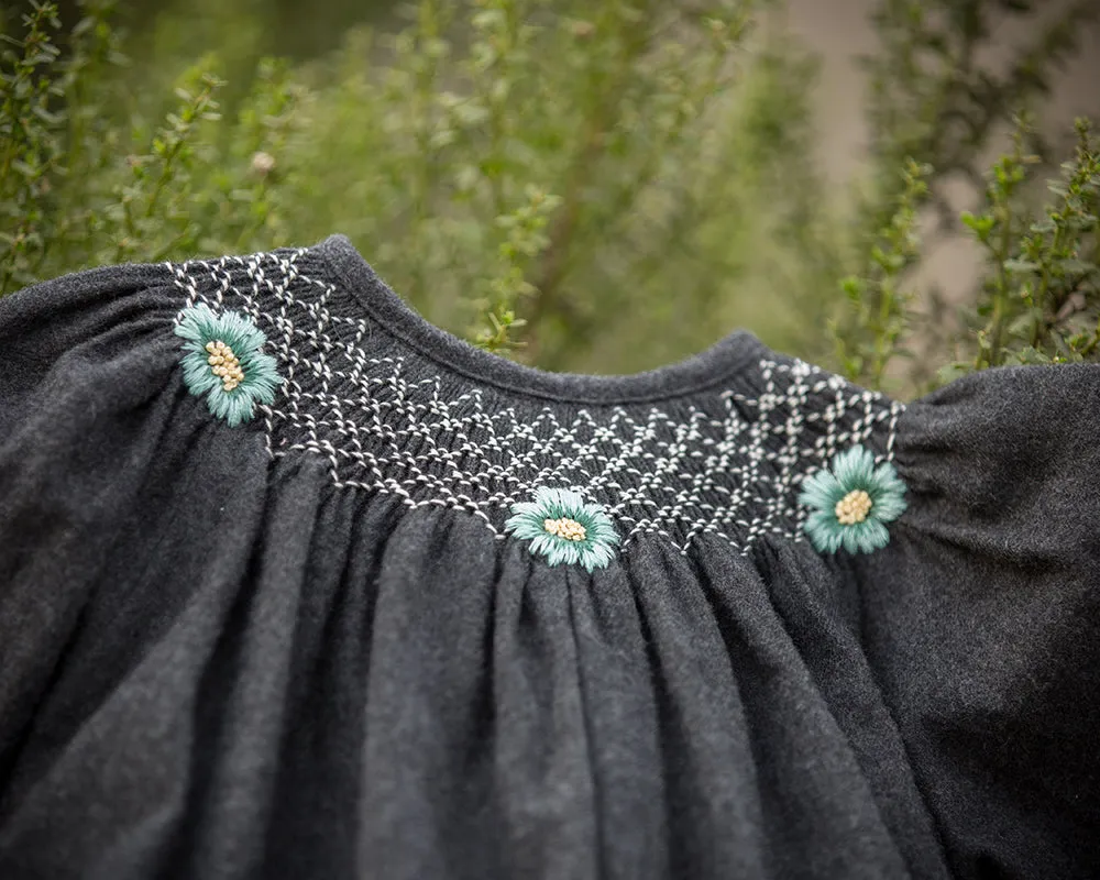 Smocked Heirloom Dress with Flowers, Anthracite