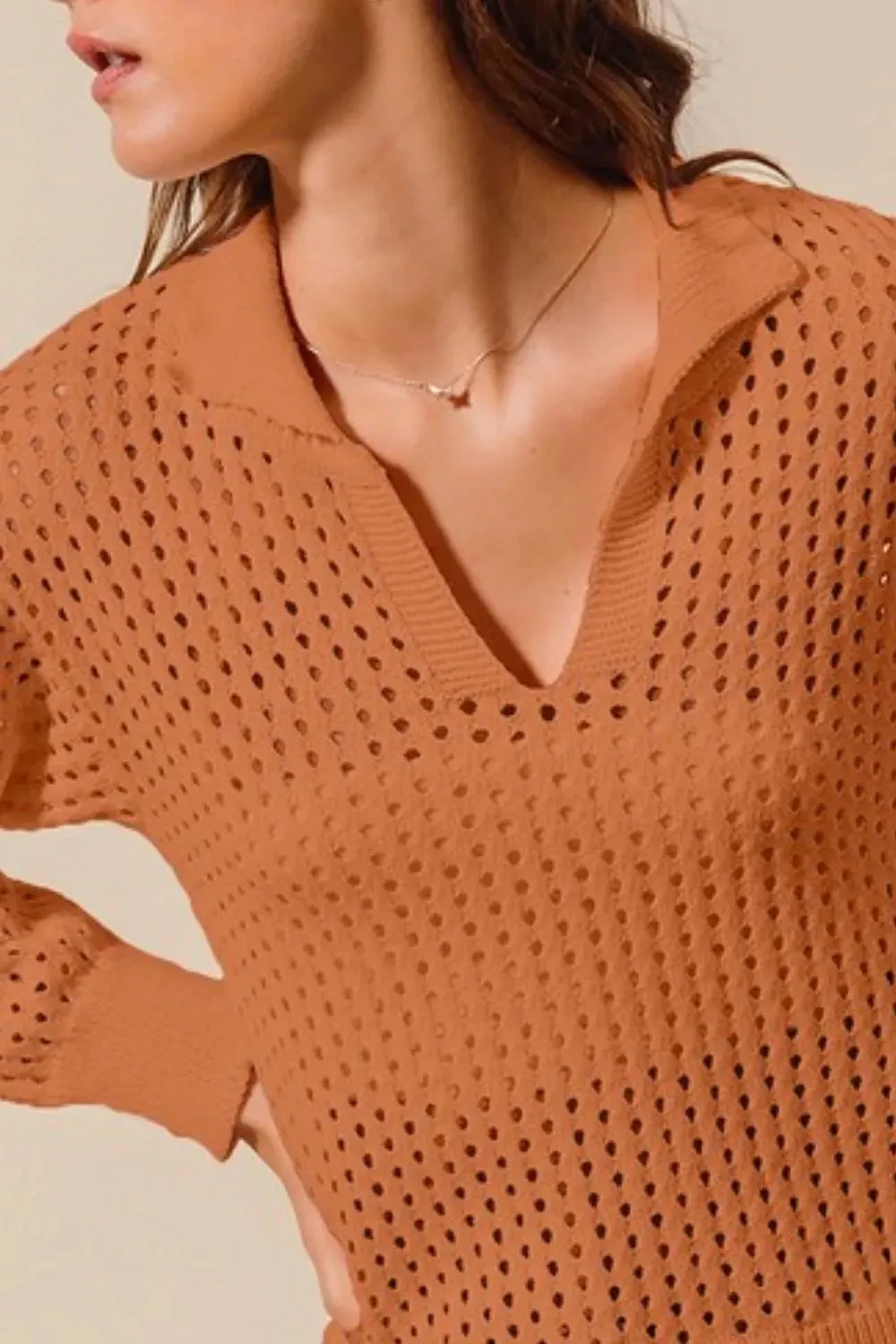 SO ME Open Knit Polo Sweater Top
