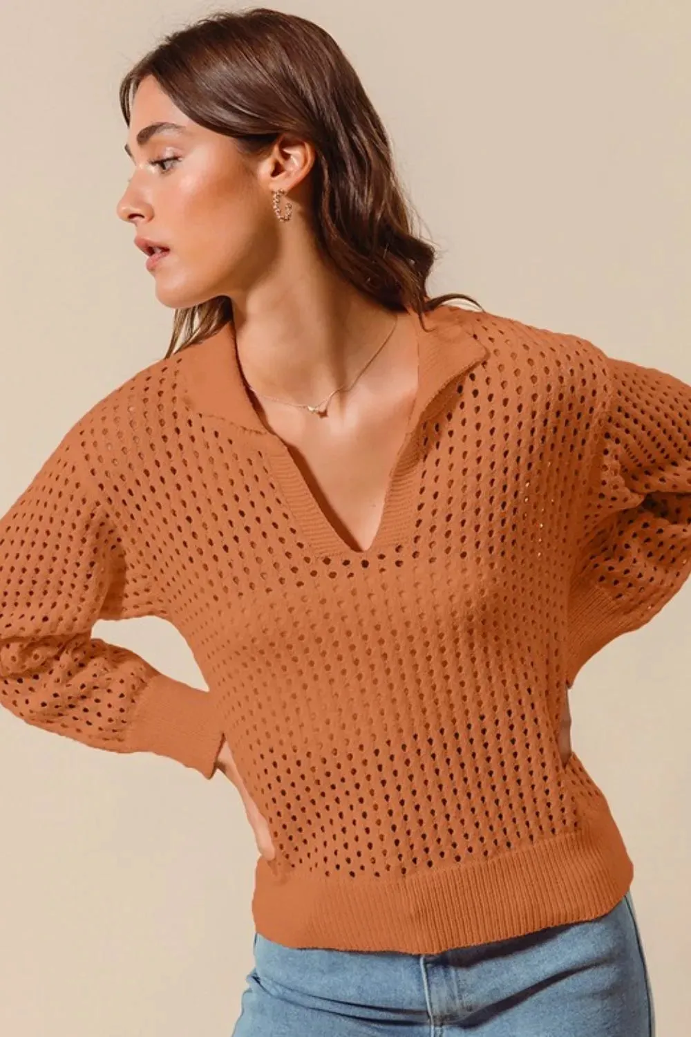 SO ME Open Knit Polo Sweater Top