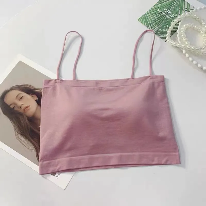 Solid Hanging Neck Vest Open Back Suspender Chest Pads Tube Top Wireless Bottom Bra Sleeveless Slim Short Tank Top Corset Top