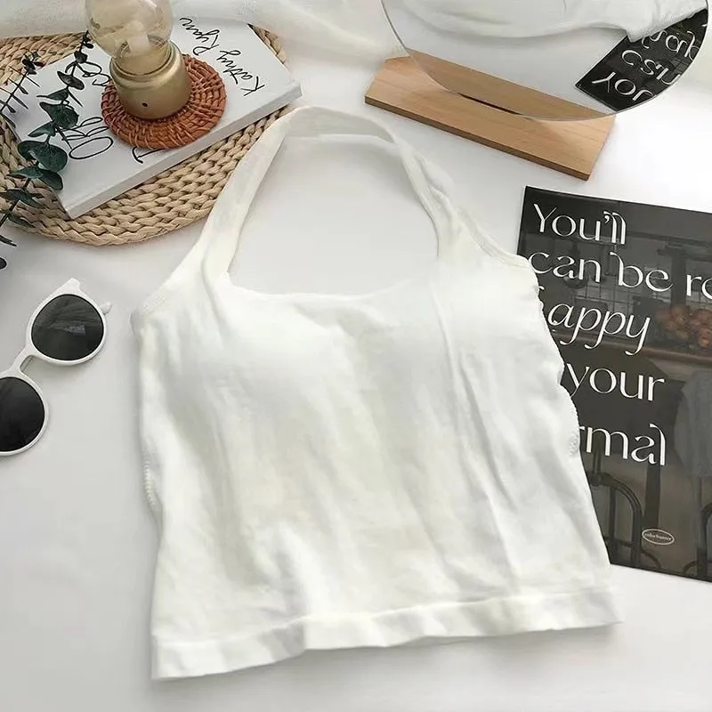 Solid Hanging Neck Vest Open Back Suspender Chest Pads Tube Top Wireless Bottom Bra Sleeveless Slim Short Tank Top Corset Top