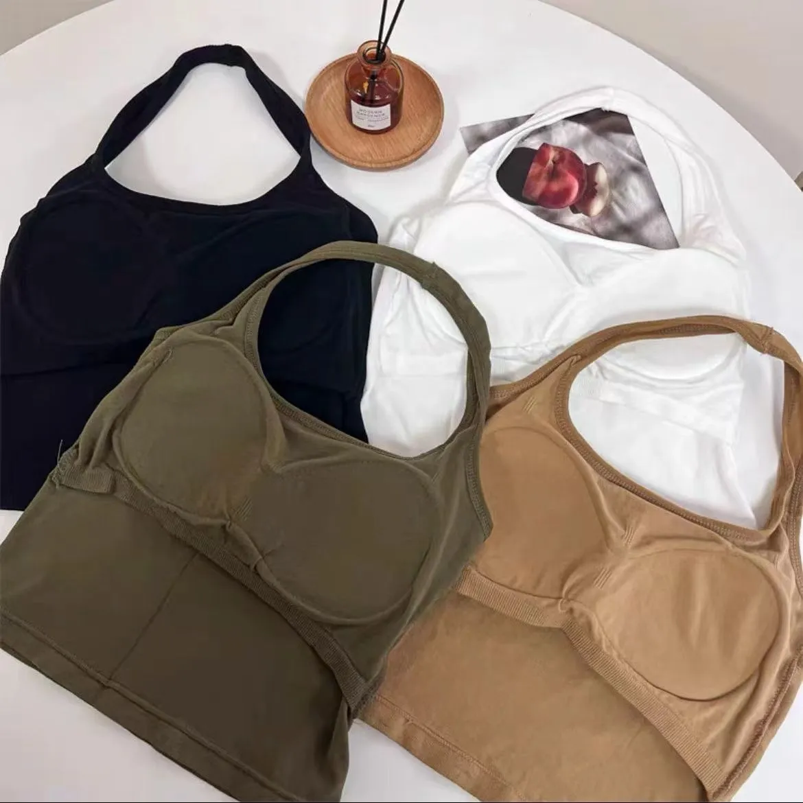 Solid Hanging Neck Vest Open Back Suspender Chest Pads Tube Top Wireless Bottom Bra Sleeveless Slim Short Tank Top Corset Top