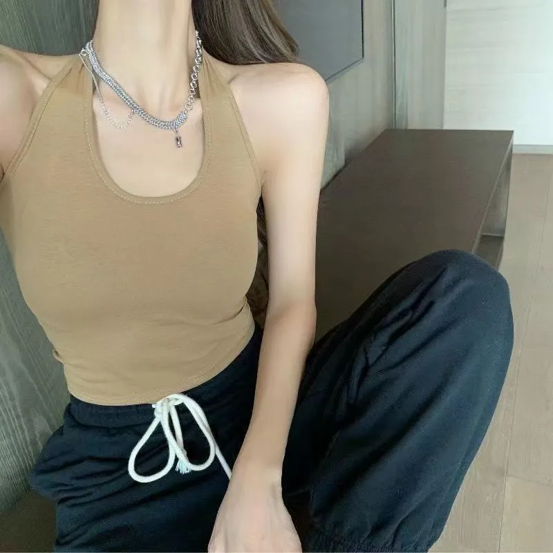 Solid Hanging Neck Vest Open Back Suspender Chest Pads Tube Top Wireless Bottom Bra Sleeveless Slim Short Tank Top Corset Top