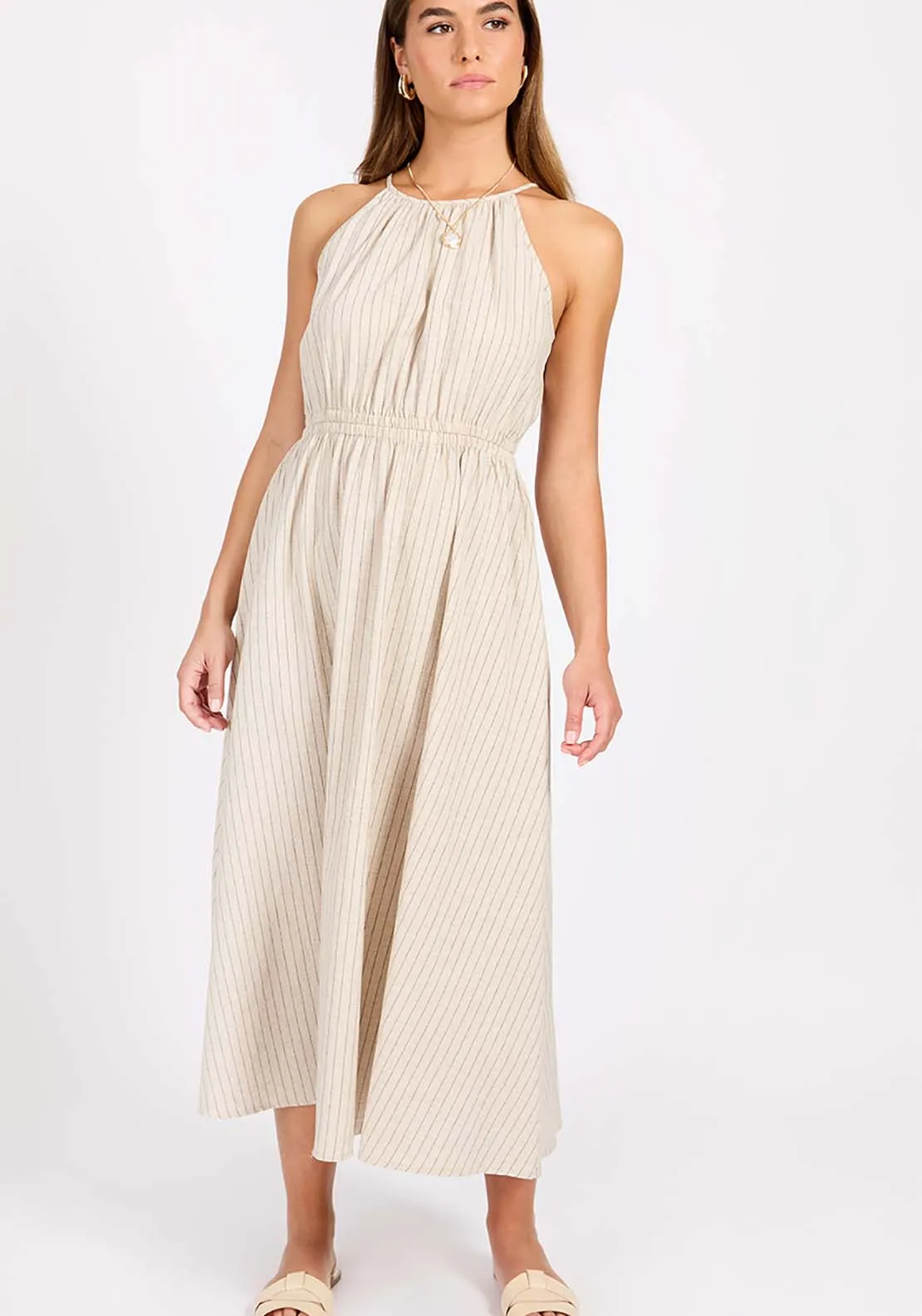 Striped Cotton Midi Dress - Oatmeal