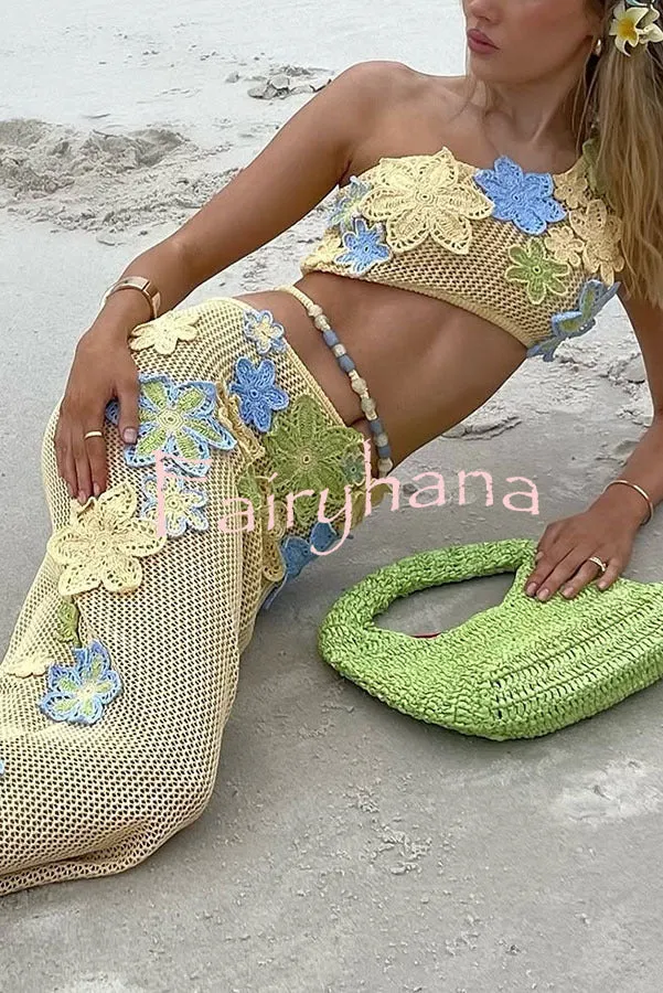 Susanna Knit Crochet Handmade Flower One Shoulder Stretch Crop Tank