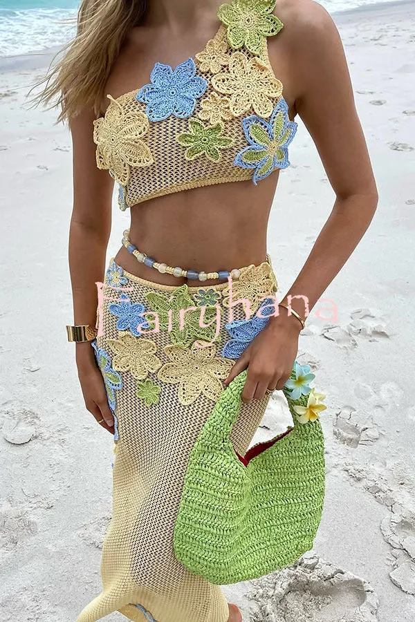 Susanna Knit Crochet Handmade Flower One Shoulder Stretch Crop Tank