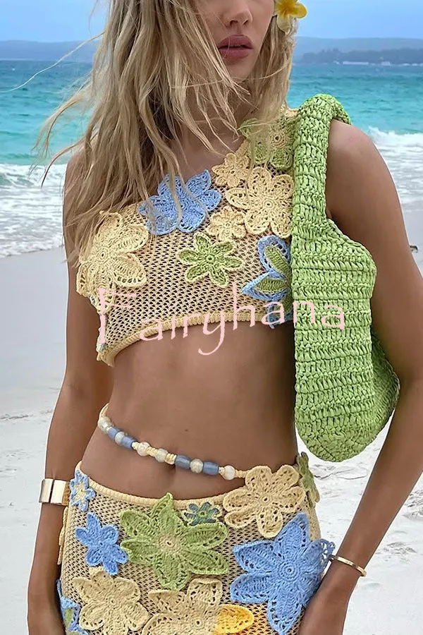 Susanna Knit Crochet Handmade Flower One Shoulder Stretch Crop Tank