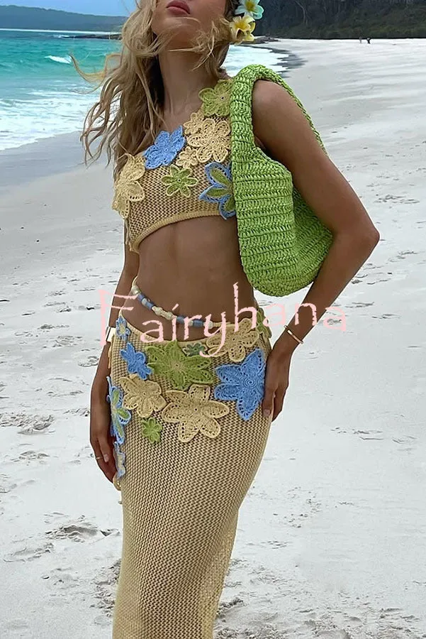 Susanna Knit Crochet Handmade Flower One Shoulder Stretch Crop Tank