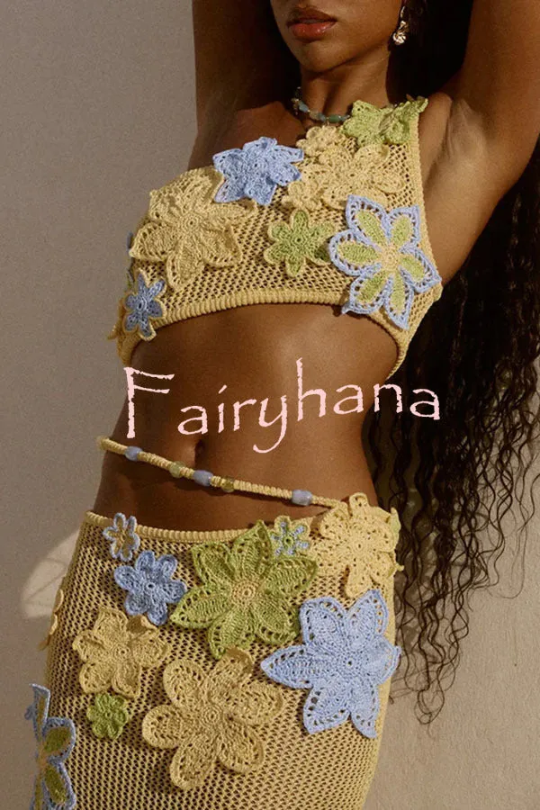 Susanna Knit Crochet Handmade Flower One Shoulder Stretch Crop Tank