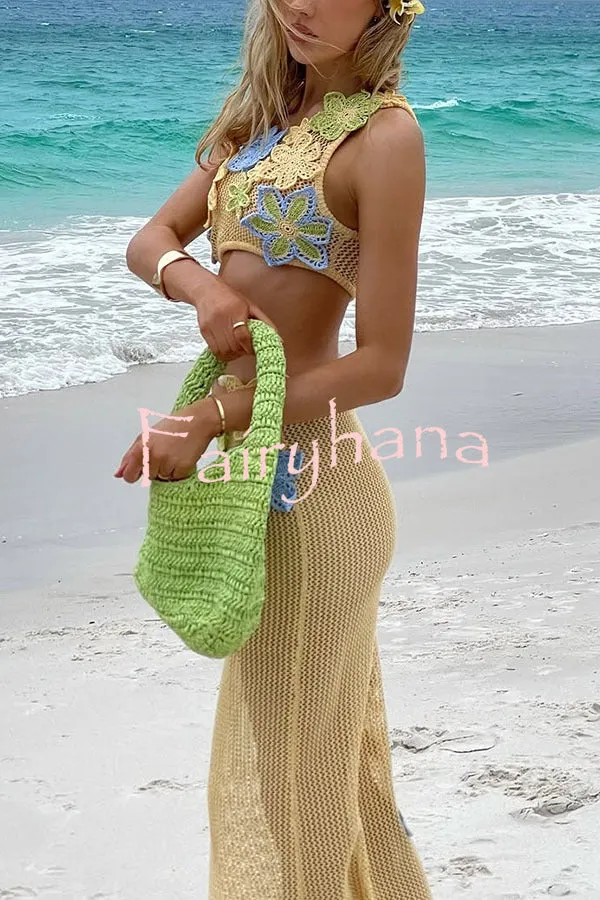 Susanna Knit Crochet Handmade Flower One Shoulder Stretch Crop Tank
